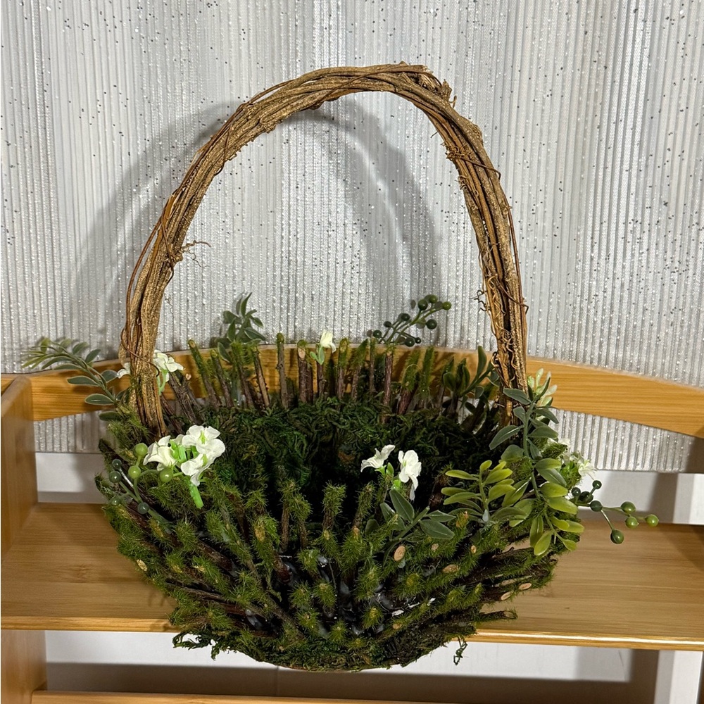 Rustic Moss & Twig Basket with White Floral Accents